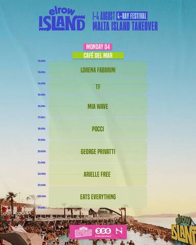 orena Fabbrini featured in the official lineup of elrow Island Malta 2025 festival, highlighted among Tech House DJs with the event’s vibrant and colorful visual theme