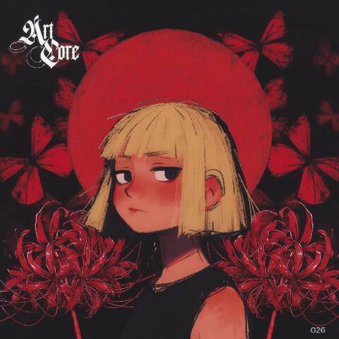 Illustration of Marhu’s EP ‘Mamichula,’ featuring a character with platinum hair against a red background, representing the fusion of cultural influences in her music.