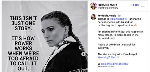 Screenshot of an Instagram post with a black-and-white portrait of a woman and text about power abuse and fear of speaking out.