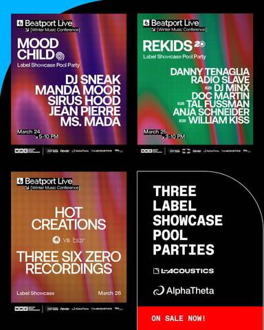 Beatport Live pool party showcases at Winter Music Conference 2026 featuring Mood Child, Rekids and Hot Creations during Miami Music Week