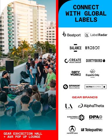 Artists and industry professionals networking at Winter Music Conference 2026 A&R Pop Up Lounge in Miami