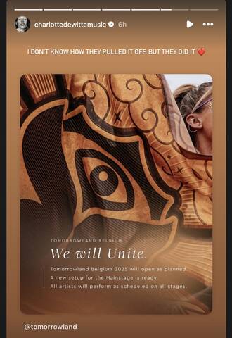 Screenshot of Charlotte de Witte’s Instagram Story, showing her at Tomorrowland 2025 with the caption: “I don’t know how they pulled it off, but they did.”