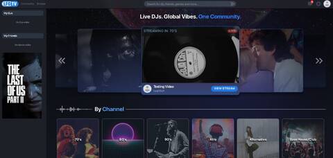 Screenshot of LFG.TV platform homepage showing live DJ streams by decade and genre, with navigation for channels like 70’s, 80’s, 90’s, Afro, Alternative, and Bass House/Club.